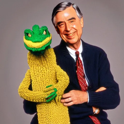 Image similar to mr. rogers with alligator heads instead of hands.