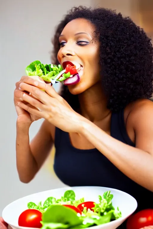 Prompt: stock photo of woman eating salad