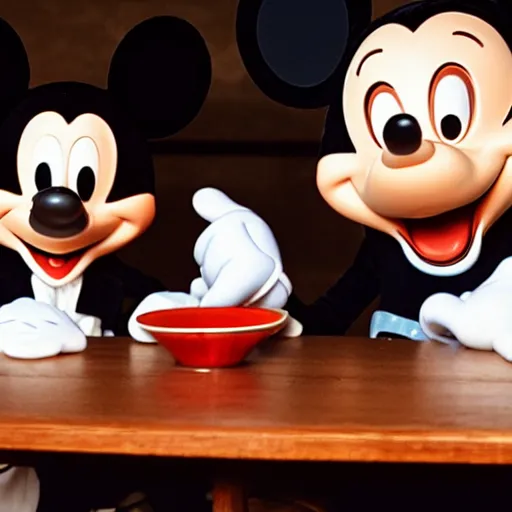 Image similar to Johan Sebastian Bach and Mickey Mouse sitting at a table together,