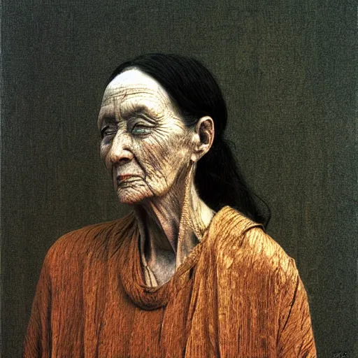 Prompt: portrait of 250 years old girl, painting by Beksinski