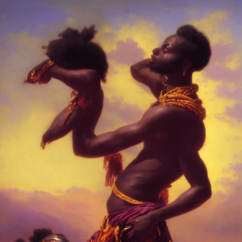 Image similar to handsome african god in a loincloth, posing against a royal purple backdrop by ivan aivazovsky, oil painting, beautiful soft lighting, saturated colours, artstation