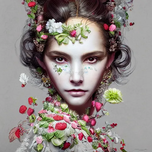 Prompt: the portrait of an absurdly beautiful, graceful, elegant, sophisticated, fashionable young woman made of strawberries and white petals with tears, an ultrafine hyperdetailed illustration by kim jung gi, irakli nadar, intricate linework, bright colors, octopath traveler, final fantasy, unreal engine 5 highly rendered, global illumination, radiant light, detailed and intricate environment