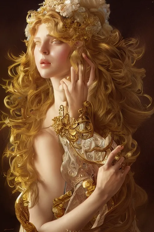 Image similar to a photograpic portrait of a pretty woman, rococo, gold, fantasy, intricate, elegant, highly detailed, digital painting, artstation, concept art, smooth, sharp focus, illustration, art by artgerm and greg rutkowski and alphonse mucha