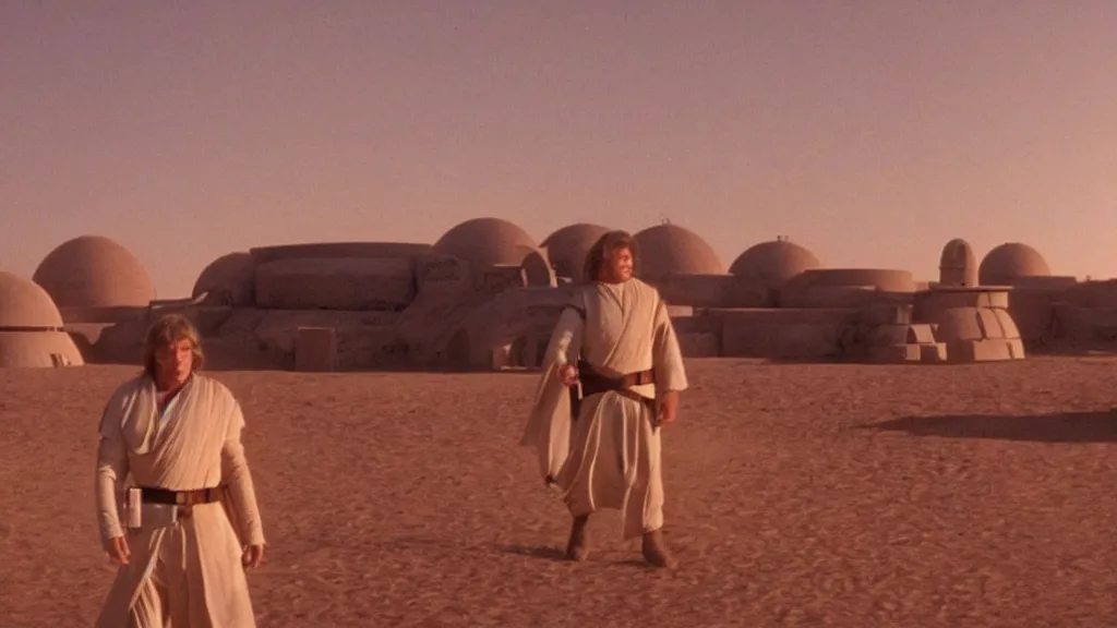 Image similar to film still Luke skywalker watches tatooine binary sunset moisture farm dome house