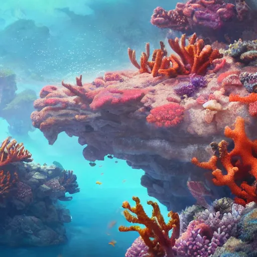 Image similar to beautiful coral reef photorealistic painting, wlop, concept art, octane render, deviantart, greg rutkowski, cinematic, artstation, key art, hyperrealism