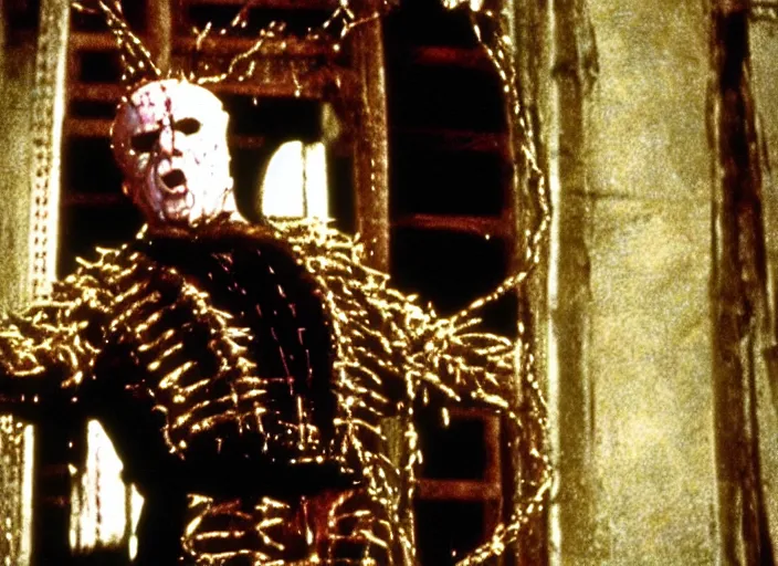 Prompt: film still of Danny Devito!!! as Pinhead in Hellraiser 1987