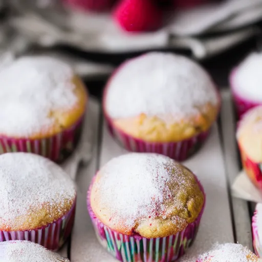 Prompt: vanilla raspberry muffins with powdered sugar, bokeh