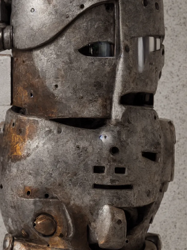 Prompt: closeup of a peaceful friendly cyberpunk rustic robot head, sigma 55mm f/8