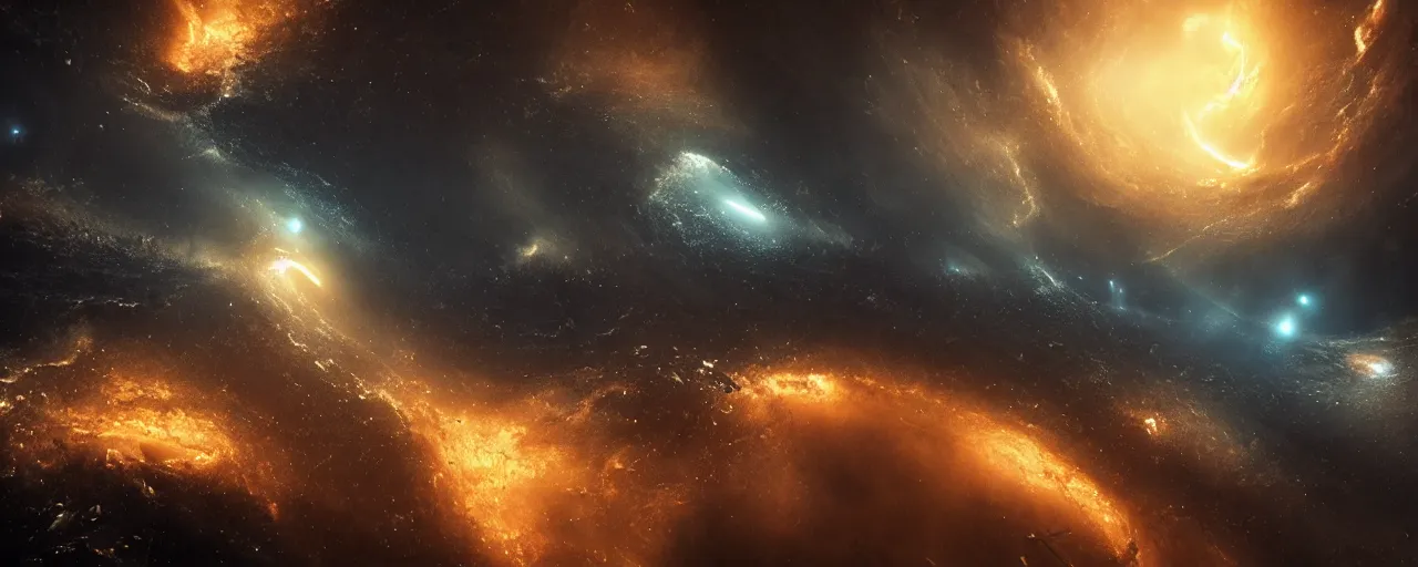 Image similar to a highly detailed dark epic swirling galaxy, space scene, dark scifi, unreal engine, octane render, detailed and intricate, global illumination, volumetric lighting