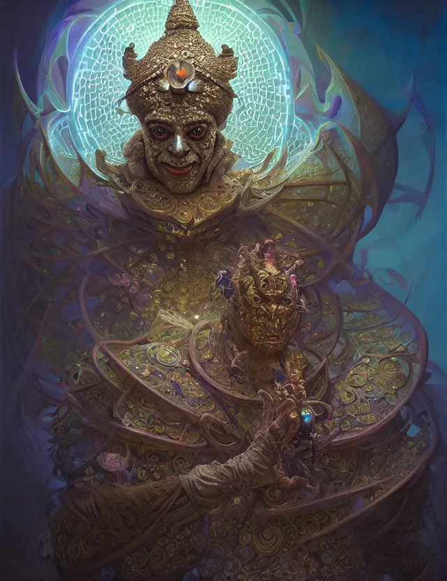 Image similar to front shot of a court jester character, hyperdimensional, bioluminescent hypercubes, ((intricate)), elegant, highly detailed, centered, (((artstation, concept art, smooth, sharp focus, artgerm, Tomasz Alen Kopera, Peter Mohrbacher, donato giancola, Joseph Christian Leyendecker, WLOP, Boris Vallejo))), mugshot!!!!!, ugly!!!!!!, octane render, nvidia raytracing demo, grainy, muted, 8K, digitalblasphemy