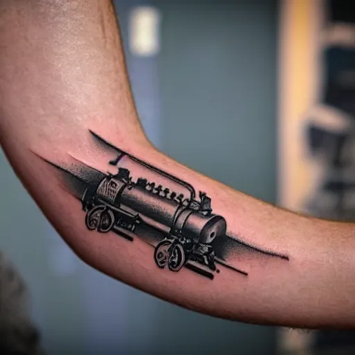Prompt: tattoo of a steam locomotive along forearm
