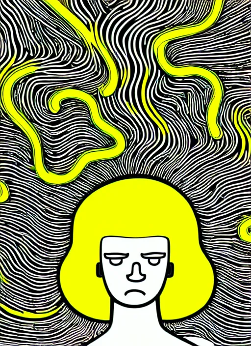 Image similar to highly detailed closeup portrait of wasteland wavy glowing yellow and white plasma hair cute happy tribal lady, stray electric spark wiring by jean jullien, 4 k resolution, gradient yellow, black and white color scheme!!! ( ( dystopian city background ) )