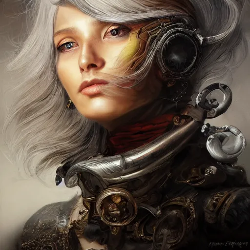 Image similar to portrait, headshot, insanely nice professional hair style, dramatic hair color, digital painting, of a old 17th century, old cyborg merchant, amber jewels, baroque, ornate clothing, scifi, realistic, hyperdetailed, chiaroscuro, concept art, art by Franz Hals and Jon Foster and Ayami Kojima and Amano and Karol Bak,