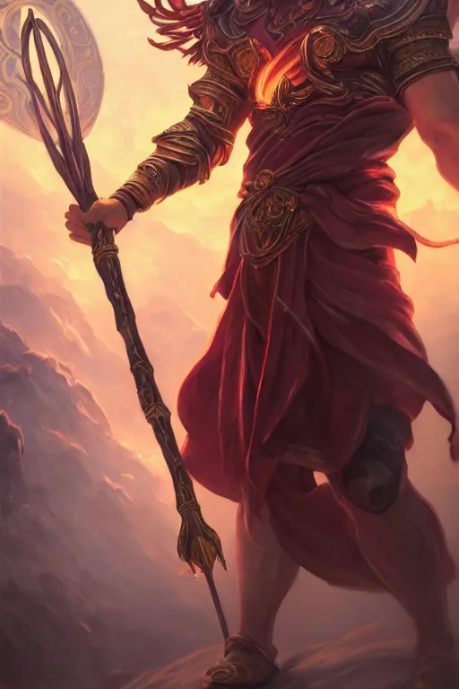 Image similar to a masterpiece portrait of nezha, legendary god holding spear, boy, flame everywhere, epic pose, fantasy character portrait, closeup shot, hyper detailed, digital painting, 8 k realistic, trending on artstation, sharp focus, dof, by fenghua zhong, artgerm, ne zha from smite, jeff easley, raymond swanland