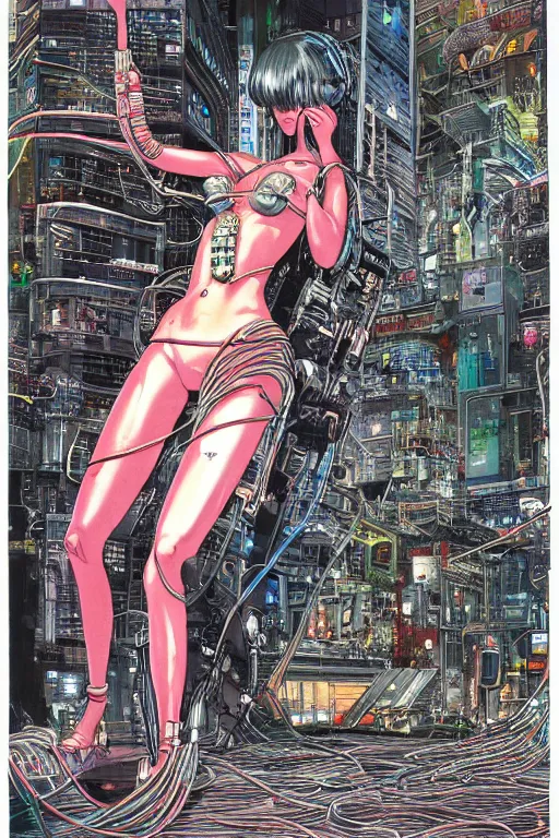 Prompt: an hyper-detailed cyberpunk illustration of a female android kneeling on the floor in a tech labor, seen from the side with her body open showing cables and wires coming out, by masamune shirow, Yukito Kishiro and katsuhiro otomo, japan, 1980s, centered, colorful