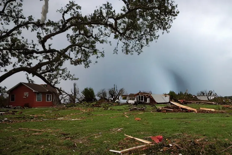 Image similar to a far away shot of a tornado hitting a house