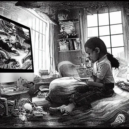 Image similar to a black and white photo, a child sits in a cluttered bedroom, in front of a computer, as their imagination spills onto the screen ond out the other side into a wave of color and magic, detailed intricate ink illustration, dark atmosphere, detailed illustration, hd, 4k, digital art, overdetailed art, concept art, by greg rutkowski, by loish, complementing colors, Trending on artstation, deviantart