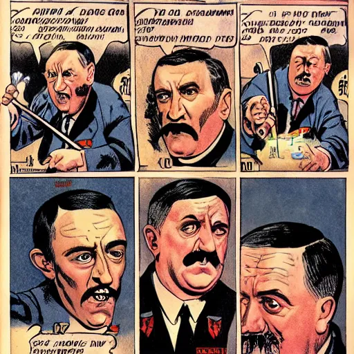 Image similar to comic book of angry jews with lightsabers and adolf hitler accurate eyes high detail