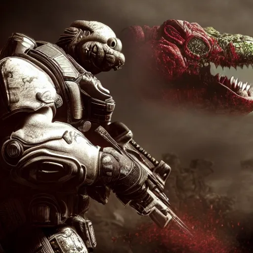 Image similar to Yoshi in Gears of War, highly detailed, high quality, HD, 4k, 8k, Canon 300mm, professional photographer, 40mp, lifelike, top-rated, award winning, realistic, sharp, no blur, edited, corrected, trending