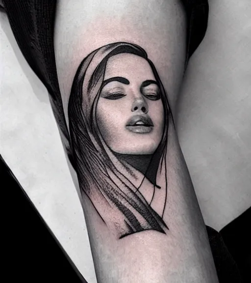 Image similar to amazing blend effect of beautiful mountain scenery with a beautiful woman face, tattoo design sketch, hyper - realistic, in the style of matteo pasqualin, amazing detail, black and white