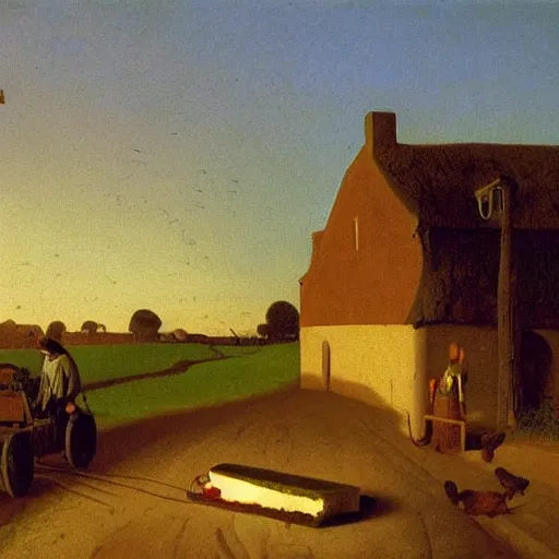 Prompt: mouse pulling a cart with a large piece of cheese on it in the middle of the countryside at sunset, detailed oil painted by vermeer