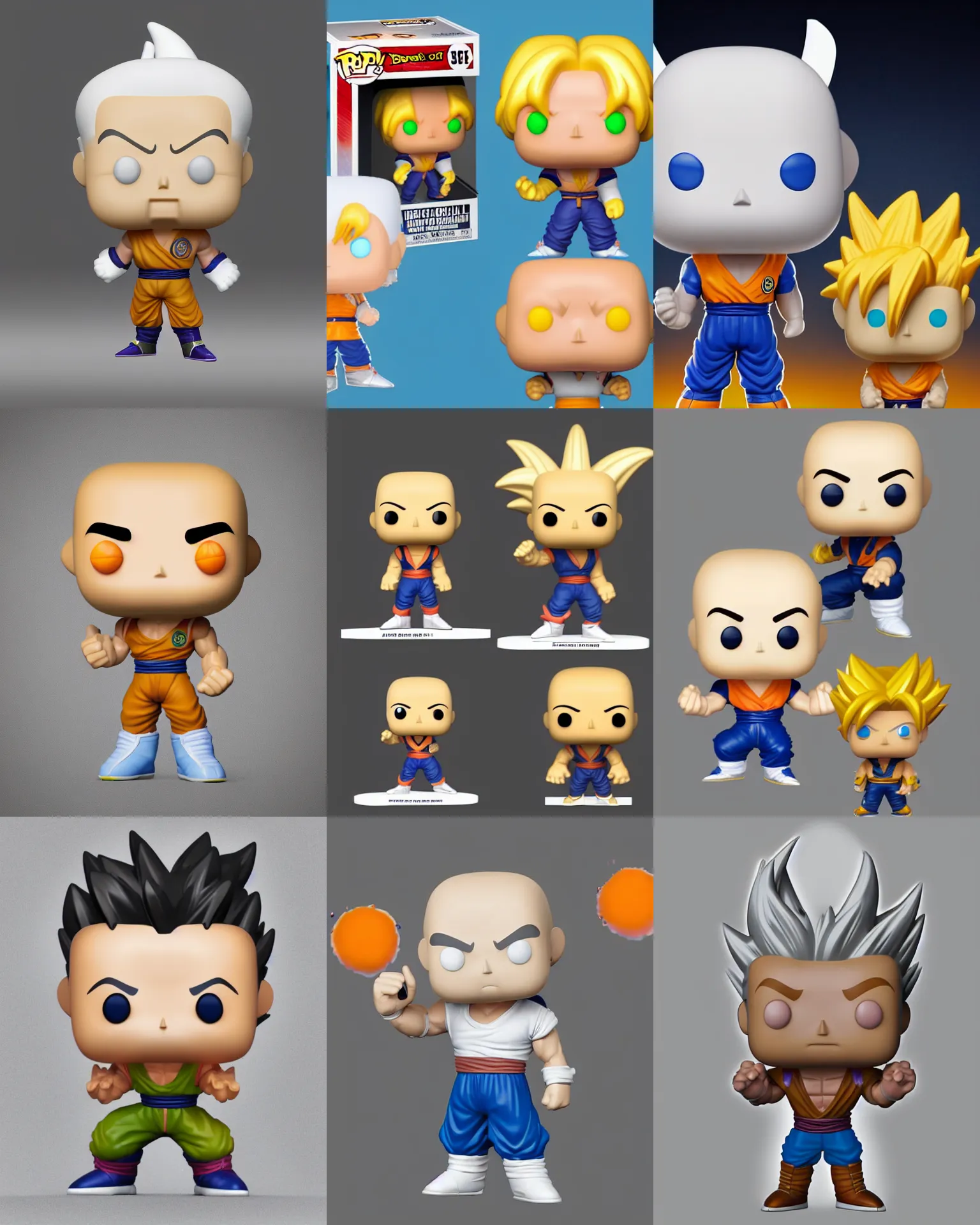 Prompt: full body 3 d render of dragon ball character as a funko pop!, studio lighting, white background, single body, no shadow, blender, trending on artstation, 8 k, highly detailed