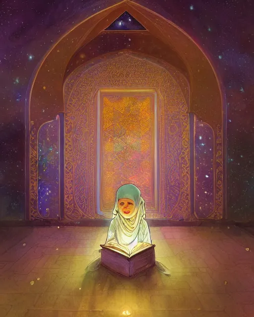 Image similar to bedouin child reading the quran inside of the mosque in the galaxy surrounded by nebula, highly detailed, gold filigree, romantic storybook fantasy, soft cinematic lighting, award, disney concept art watercolor illustration by mandy jurgens and alphonse mucha and alena aenami, pastel color palette, featured on artstation
