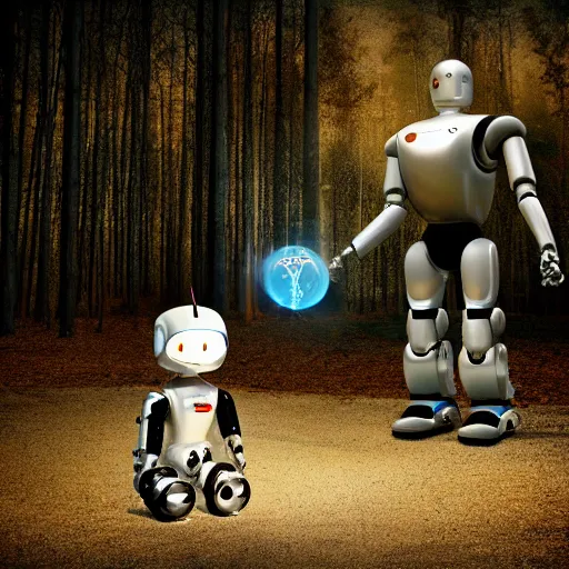 Prompt: Little boy being protected by robot, ASIMO robot and boy, digital art, night time, forest