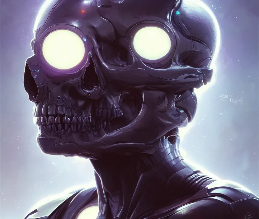 Prompt: Cyborg skull portrait, front view, sci-fi, highly detailed, digital painting, artstation, concept art, smooth, sharp focus, illustration, art by artgerm and greg rutkowski and alphonse mucha