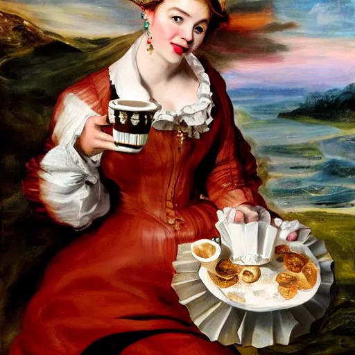 Prompt: heavenly summer sharp land sphere scallop well dressed lady holding a starbucks coffee cup, auslese, by peter paul rubens and eugene delacroix and karol bak, hyperrealism, digital illustration, fauvist, starbucks coffee cup
