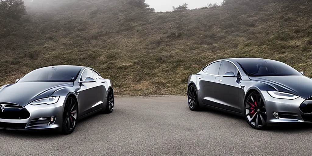 Image similar to a v 8 sport car designed by tesla, outdoor magazine, ambient light, fog