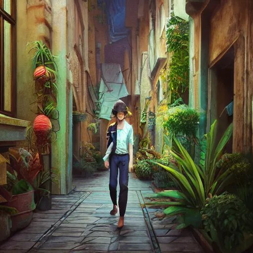 Prompt: a painting of a person walking down a bronze art-deco alley lined with plants, a detailed matte painting by Anka Zhuravleva, cgsociety, light and space, rendered in unreal engine, artstation hq, artstation hd