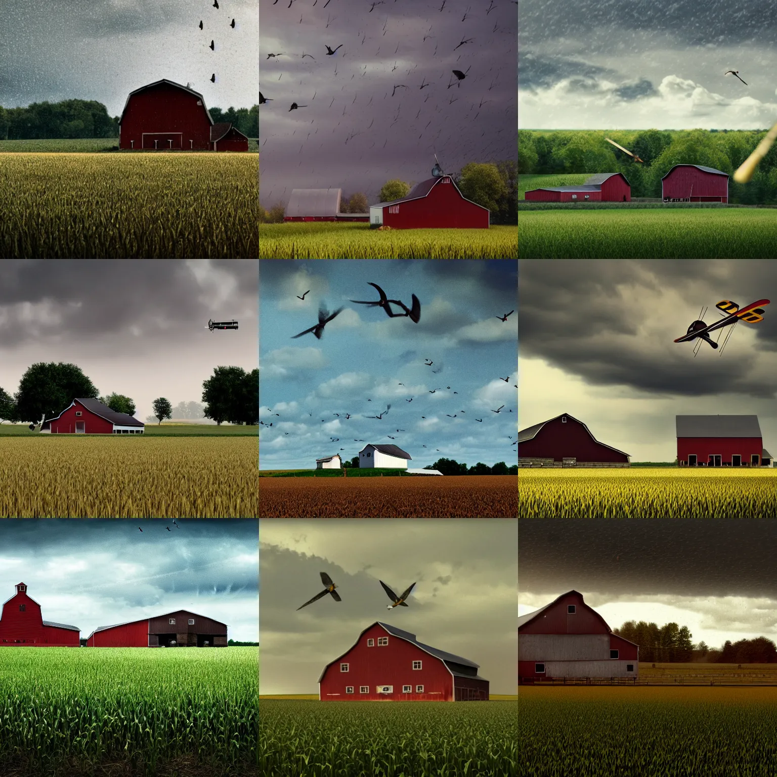Prompt: a 1 9 5 0's farm in wisconsin, tall corn in the foreground, barn in the background, flying biplane, raining, birds, volumetric light, cinematic, trending on artstation, realistic, highly detailed
