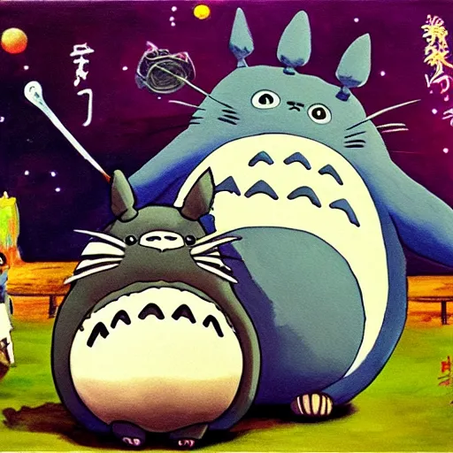 Prompt: a beautiful painting of totoro dancing at the disco, highly detailed, sharp, 4 k, 8 k, oil on canvas