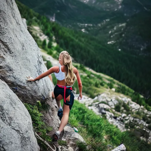 Image similar to beautiful girl climbing a mountain, dslr, natural lighting, clear features,