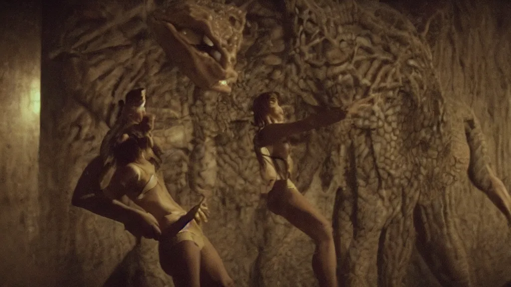 Image similar to movie scene of a girl and a draconian humanoid, reptil, reptilian, movie still, cinematic composition, cinematic light, criterion collection, reimagined by industrial light and magic, Movie by Andrzej Żuławski