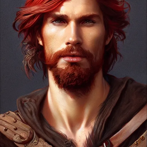 Image similar to portrait of a young ruggedly handsome but charming pirate, male, masculine, upper body, red hair, long hair, d & d, fantasy, intricate, elegant, highly detailed, digital painting, artstation, concept art, matte, sharp focus, illustration, art by artgerm and greg rutkowski and alphonse mucha