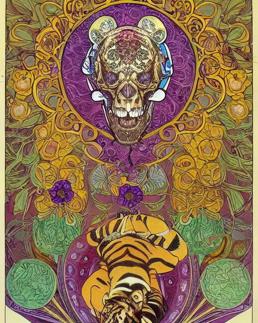 Image similar to Tiger skull art surrounded by varities of flowers, cell shading, voronoi, fibonacci sequence, sacred geometry by Alphonse Mucha, Moebius, hiroshi yoshida, Art Nouveau, colorful, ultradetailed, vivid colour, 3d