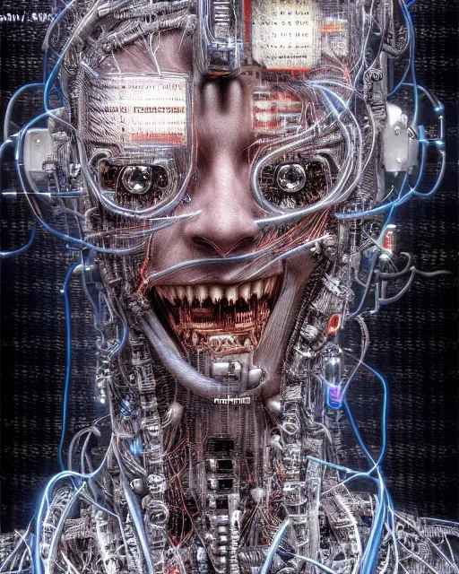 Image similar to portrait photo of a biomechanical torso of a cyborg plugged into a quantum computer with cables and wires and optic fibers. cyberpunk horror style. art by luis royo. highly detailed 8 k. intricate. nikon d 8 5 0 5 5 mm. award winning photography.