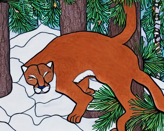 Image similar to colouring book showing 'a cougar sleeping in the middle of snowy pine tree' laying on coffee table, zoomed out shot, HD, iphone capture