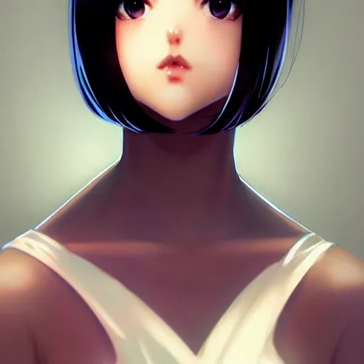 Image similar to cute girl short silky hair velvet film occlusion shadow specular reflection rim light unreal engine artstation pinterest art by hiroaki samura range murata and ilya kuvshinov intricate highly detailed 8 k art deco illustration realistic extremely beautiful shape of face neck shoulders eyes