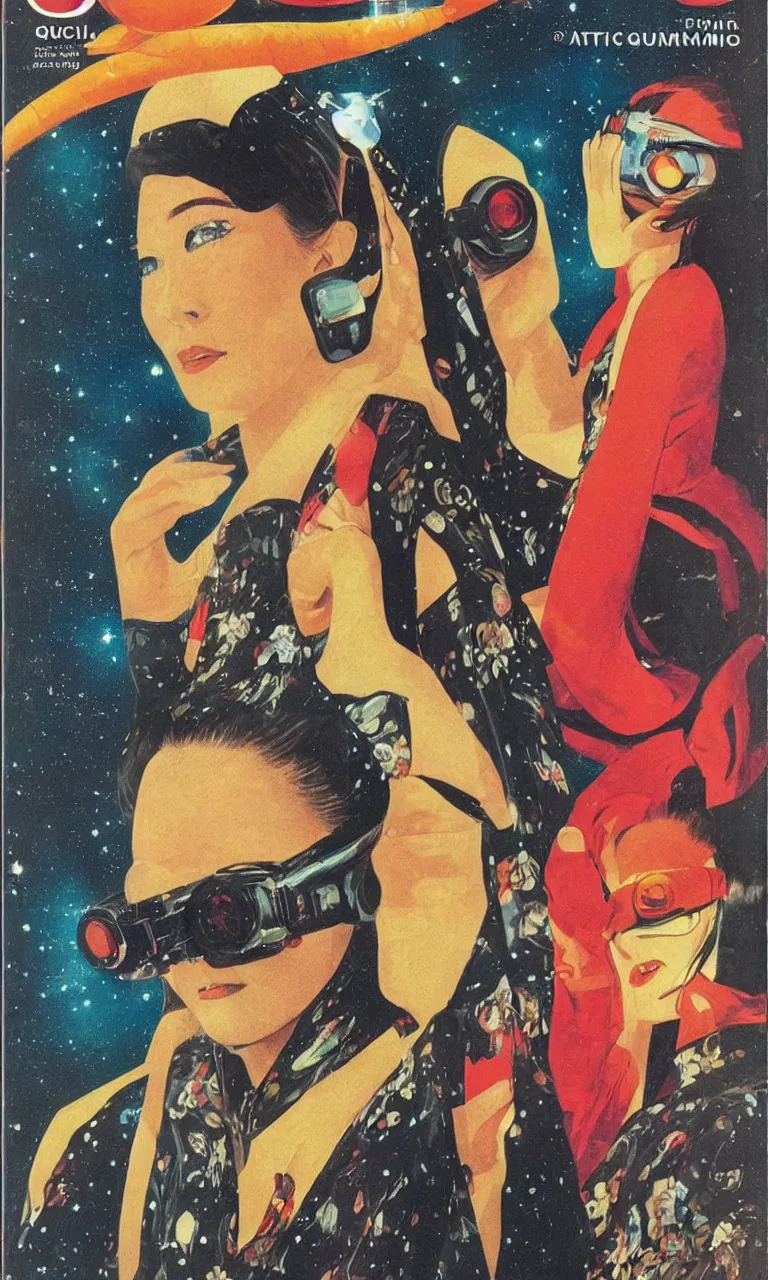 Image similar to 1979 OMNI Magazine Cover depicting a portrait of a Beautiful woman wearing a Gucci kimono and AR goggles, qAkira style by Vincent Di Fate