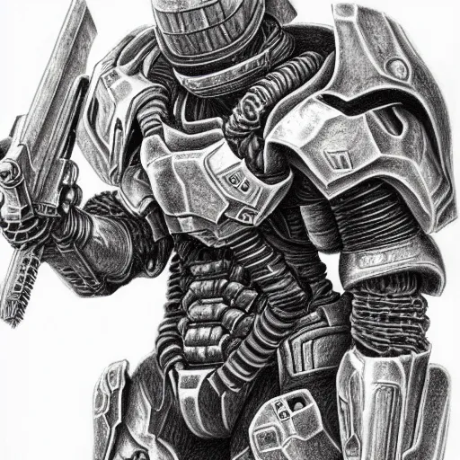 Image similar to a hyper - detailed pencil drawing of doom slayer by kentaro miura,