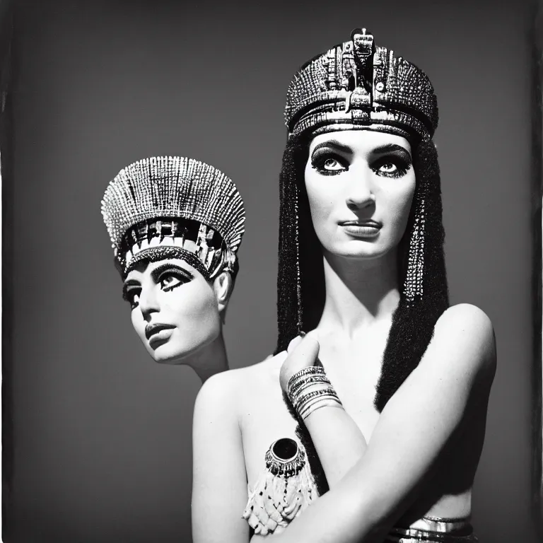 Image similar to a portrait photograph of cleopatra by richard avedon styled by andrea flesch, award winning, cooke 8 5 mm f / 1. 2, lomography color 4 0 0 film stock, low - key studio lighting,