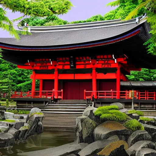 Prompt: shinto shrine, matte painting by crazy earl, artstation