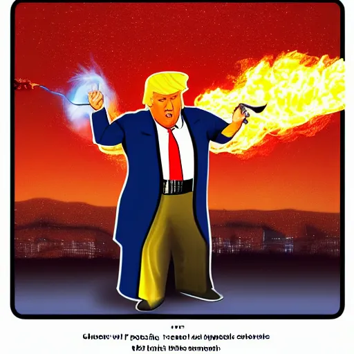 Image similar to obese donald trump casting fireballs, colorful hd picure, lightning in the background