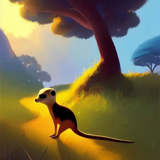 Prompt: goro fujita ilustration a beautiful meerkat!!!! walking calmly through a rain forest with the first rays of sun by goro fujita, painting by goro fujita, sharp focus, highly detailed, artstation