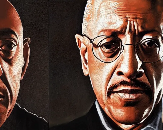 Image similar to jonathan banks as mike ehrmantraut and giancarlo esposito as gustavo fring from breaking bad, cinematic lighting, oil painting portrait