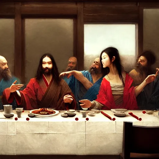 Image similar to the last supper but in a japanese restaurant, intricate, sharp focus, illustration, highly detailed, digital painting, concept art, matte, art by ruan jia and wlop and greg rutkowski, masterpiece,