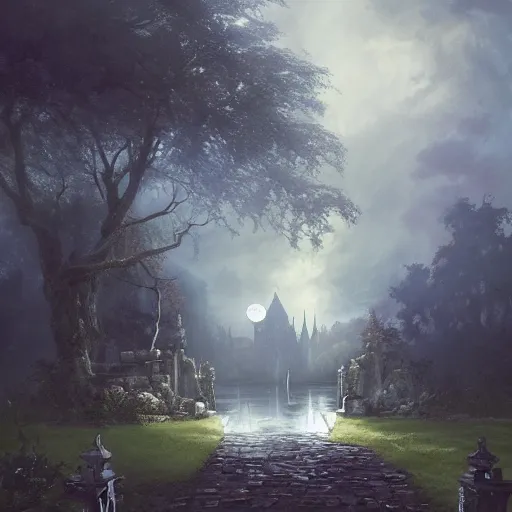 Image similar to a hidden gate in the trees, victorian setting, dramatic light, castle background, clouds, moon, storm, night, high detail, fantasy background, painted by greg rutkowski, digital art, trending on artstation